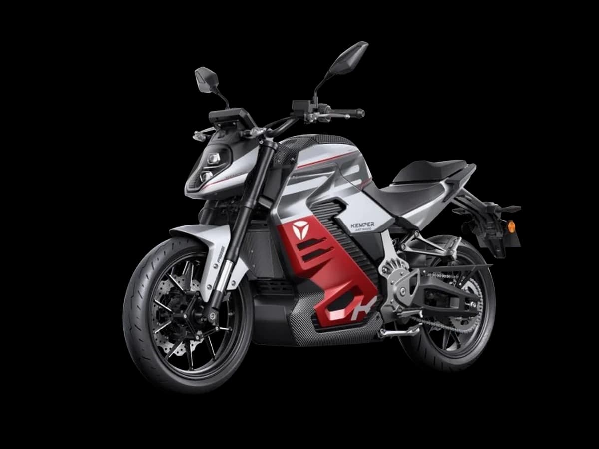 Motocicleta eléctrica YADEA KEMPER en gris y rojo, vista de tres cuartos